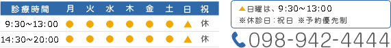 診療時間 9:30～13:00/14:30～20:00 ※日曜は、9:30～13:00 休診日：祝日 098-942-4444